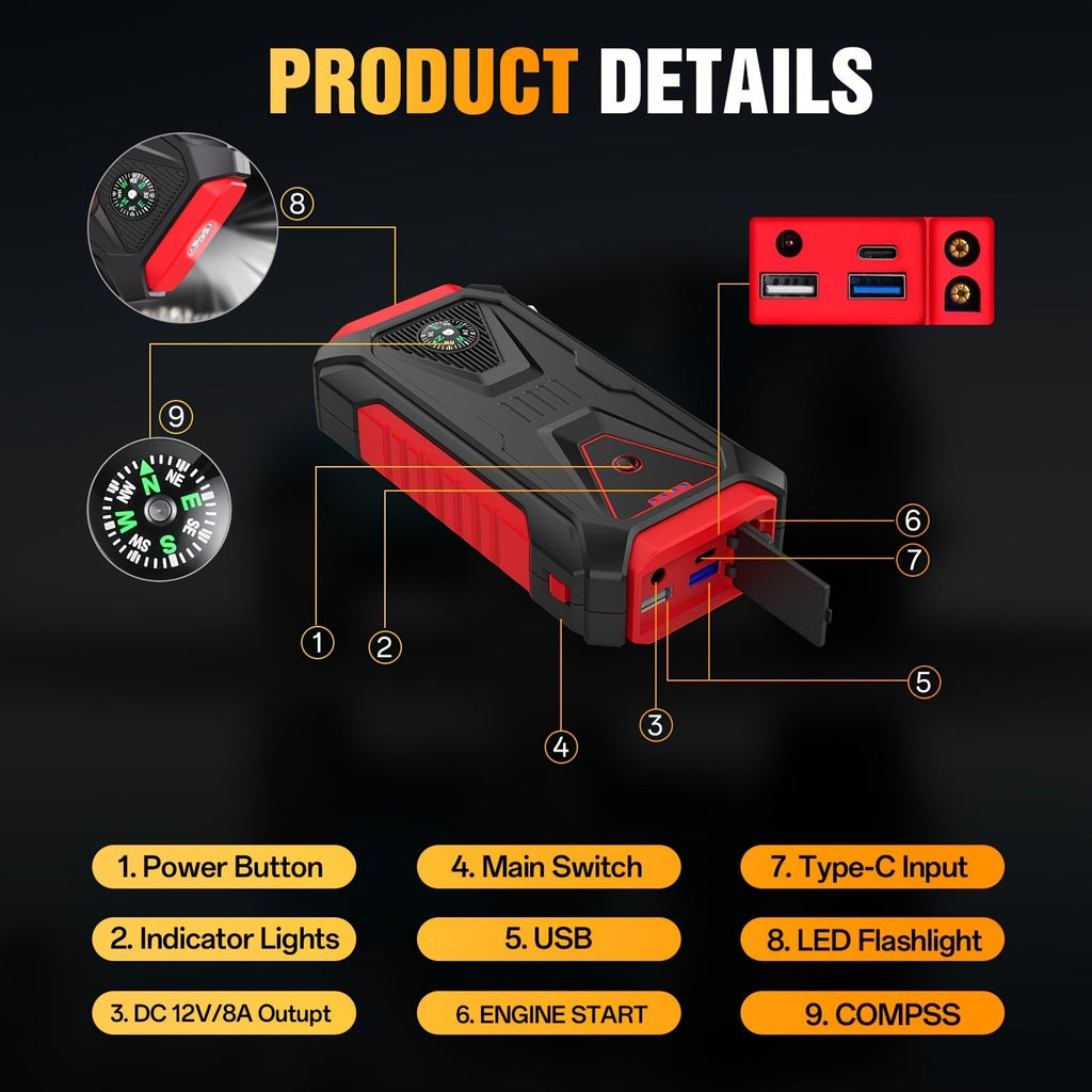 5000A Peak Jump Starter 12V Portable Car Battery Starter for Gas & Diesel Engines – LED Flashlight, SOS Light, Safety Hammer, Compass & USB Power Bank, 74WH Lithium Battery