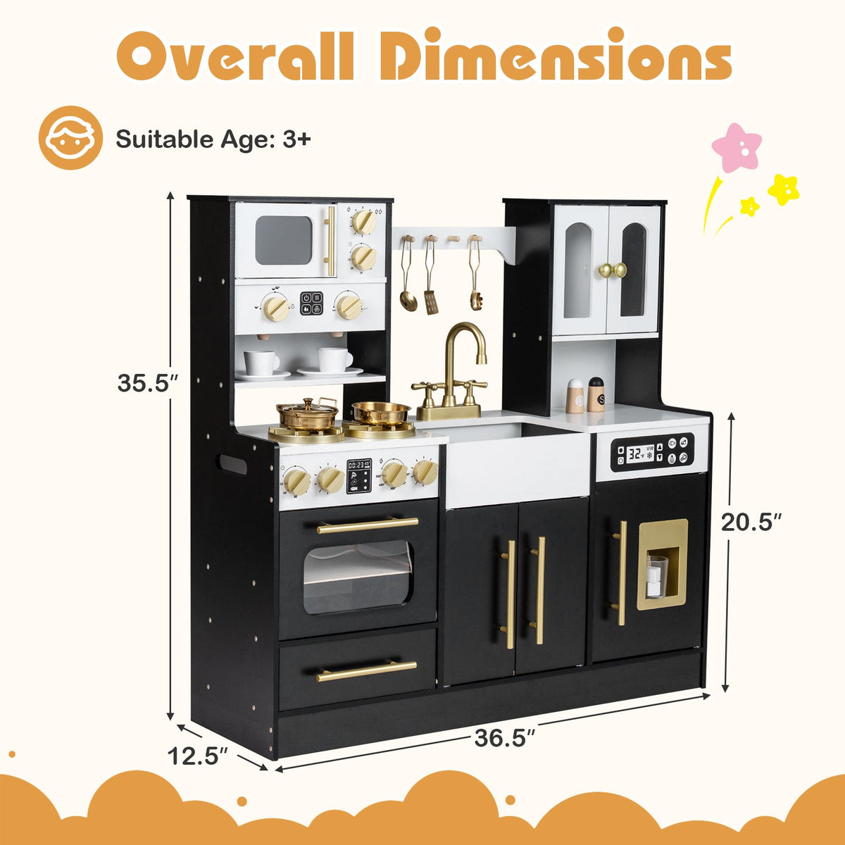Wooden Play Kitchen for Kids with Realistic Lights – 36.5" Pretend Chef Playset with Stove, Sink, Oven, Ice Machine, Microwave & Coffee Maker, Toddler Role Play Toy Gift for Boys & Girls Ages 3+