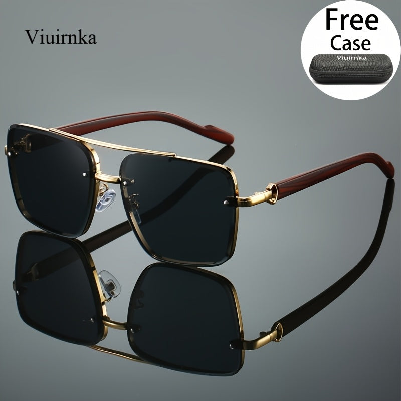 Square Retro Sunglasses for Men and Women Wood Grain Double Beam Design UV Protection Fashion Eyewear with Case for Driving Travel Beach Street Photography Holiday Gift 7 Color Options