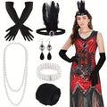1920s Flapper Dress Women Sequin Beaded Fringe V-Neck Great Gatsby Costume with Accessories Set S-XL Red Black Gold