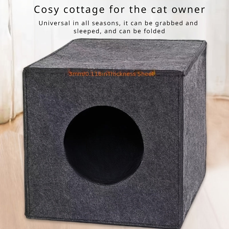 Square Felt Cat Bed Foldable Machine Washable – 3mm Thick Semi-Enclosed Cat House, Won't Collapse, All-Season Indoor Cat Cave for Sleeping & Playing, 13x14.5x13 Inch, Dark Gray & Light Grey