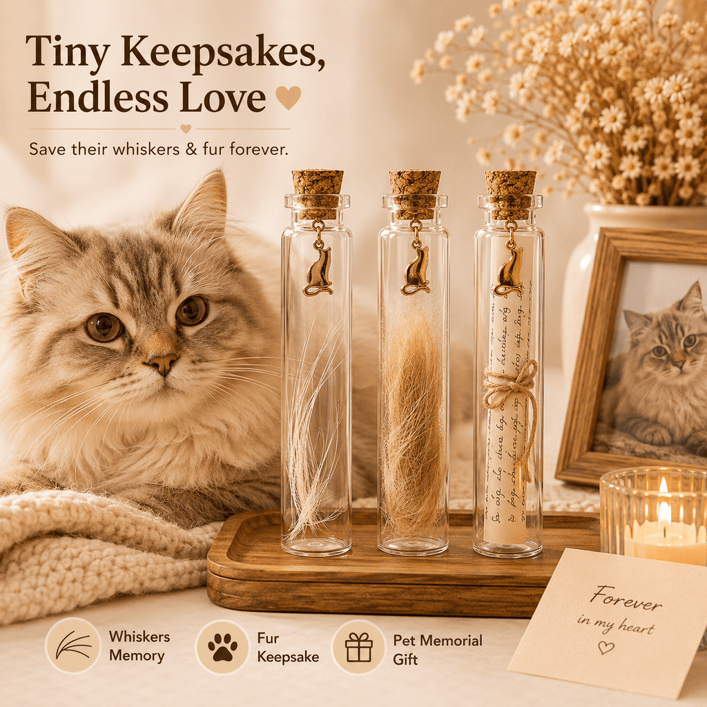 Pet Hair Keepsake Jar Set 2pcs – Glass Memory Bottles with Golden Cat Charm for Pet Fur, Whiskers & Handwritten Notes, Cat & Dog Memorial Gift for Pet Lovers