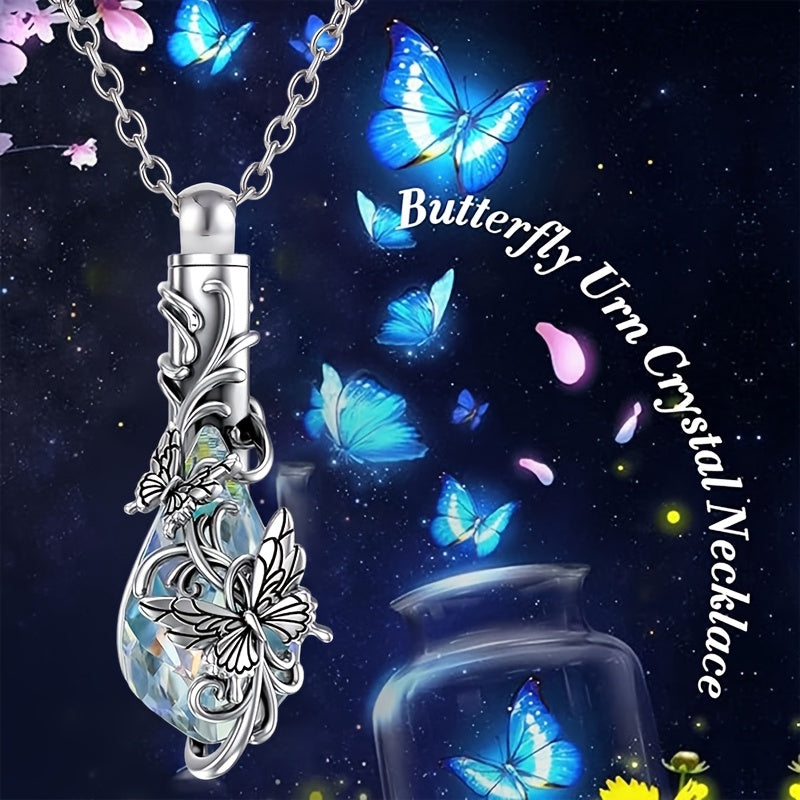 Butterfly Crystal Urn Necklace for Ashes - Teardrop Cremation Pendant Holder for Women, Animal Memorial Jewelry for Pet & Human Loss, Elegant Silver Keepsake Necklace (Silvery)
