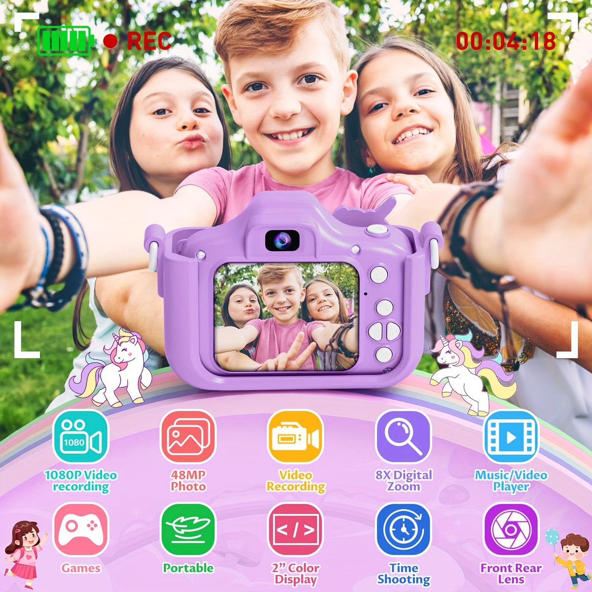 Kids Camera 1080P HD 48MP Digital Camera for Children with Video Recording, 5 Built-In Games, Selfie Cam - Toddler Camera for Boys and Girls Ages 3-12, Birthday Christmas Halloween Gift (Pink or Blue)