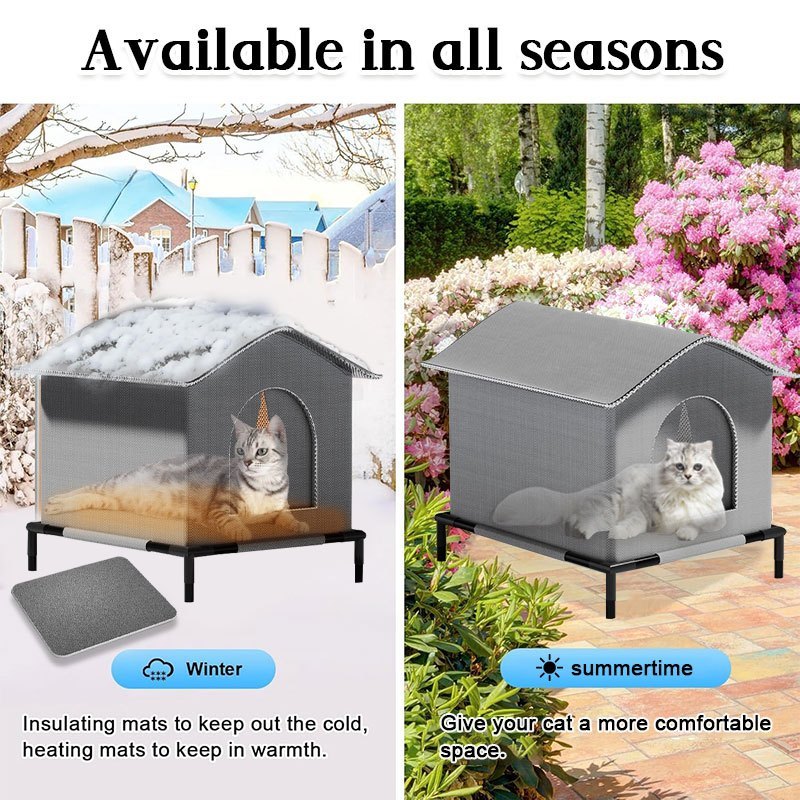 Outdoor Cat House All-Season Insulated Shelter with Stand - Oxford Cloth Cat House with Aluminum Foil Lining, Fluffy Blanket Included, Rain Snow & Wind Protection, 3 Sizes for Cats Up to 22lbs