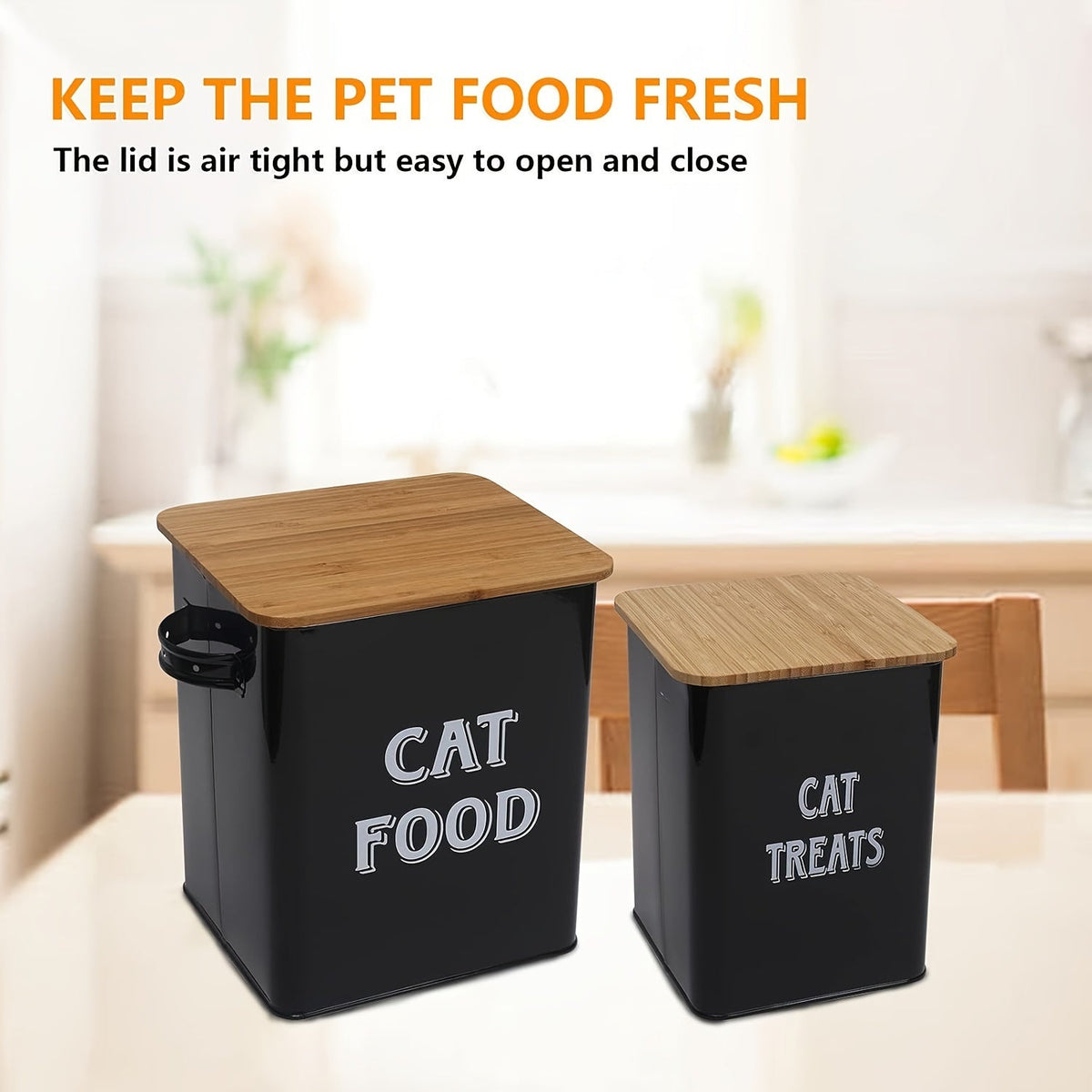 Metal Cat Food Storage Container with Scoop and Tight Fitting Lid - Vintage Airtight Cat Treat Canister for Dry Cat Food - Stylish Pet Food Storage Tin with Locking Lid Black