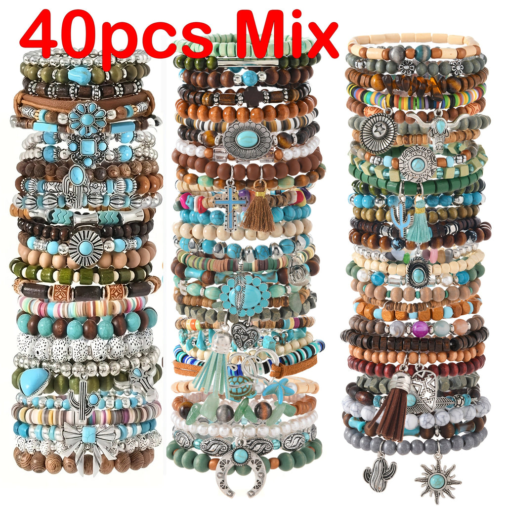 40pcs Boho Handmade Wooden & Turquoise Stone Bead Bracelet Set – Mixed Colors, Zinc Alloy Pendant, Vintage Style Stackable Bracelets for Women Men, Couple & Party Gift