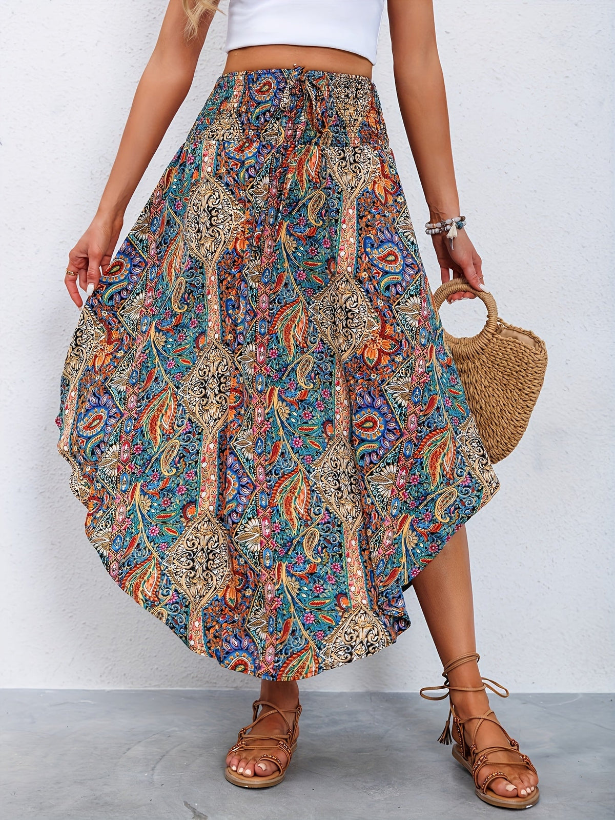 Women's High-Waisted Pleated Skirt – Stylish Printed Curved Hem Casual Midi Skirt for Summer, Spring & Everyday Wear
