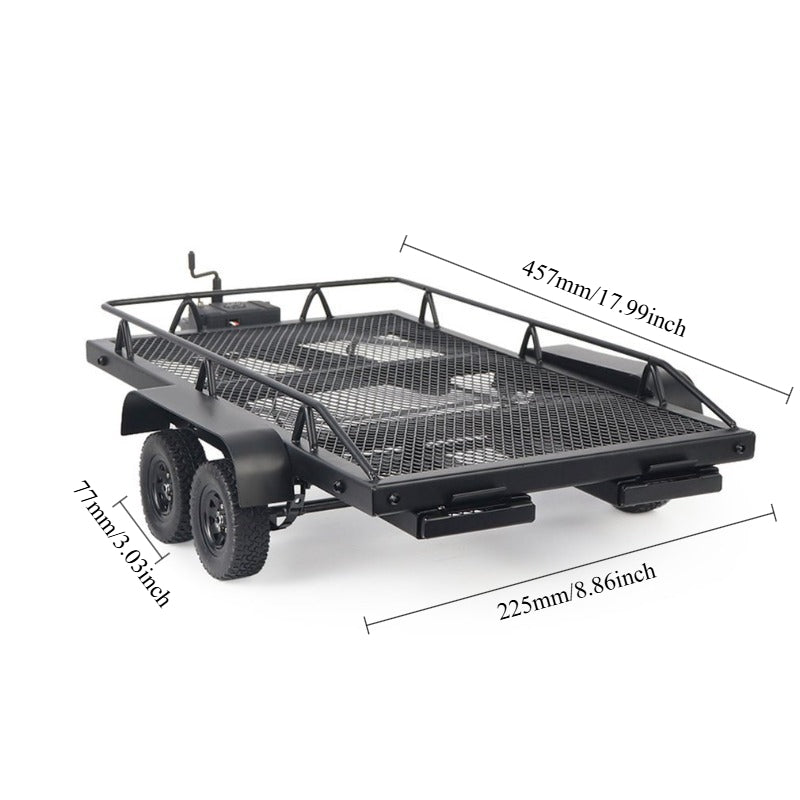 1/10 Scale Dual-Axle Metal Flatbed Trailer for RC Crawler – Compatible with TRX4 KM2 SCX10 RC4WD D90, 815mm Total Length, 50KG+ Load Capacity, Simulation RC Car Accessory