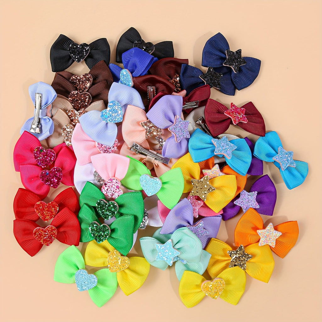 Dog Bow Hair Clips 24pcs Assorted – Cute Glitter Heart & Star Grooming Hair Accessories for Small Dogs & Puppies, Mixed Color Random Styles Pet Hair Bows