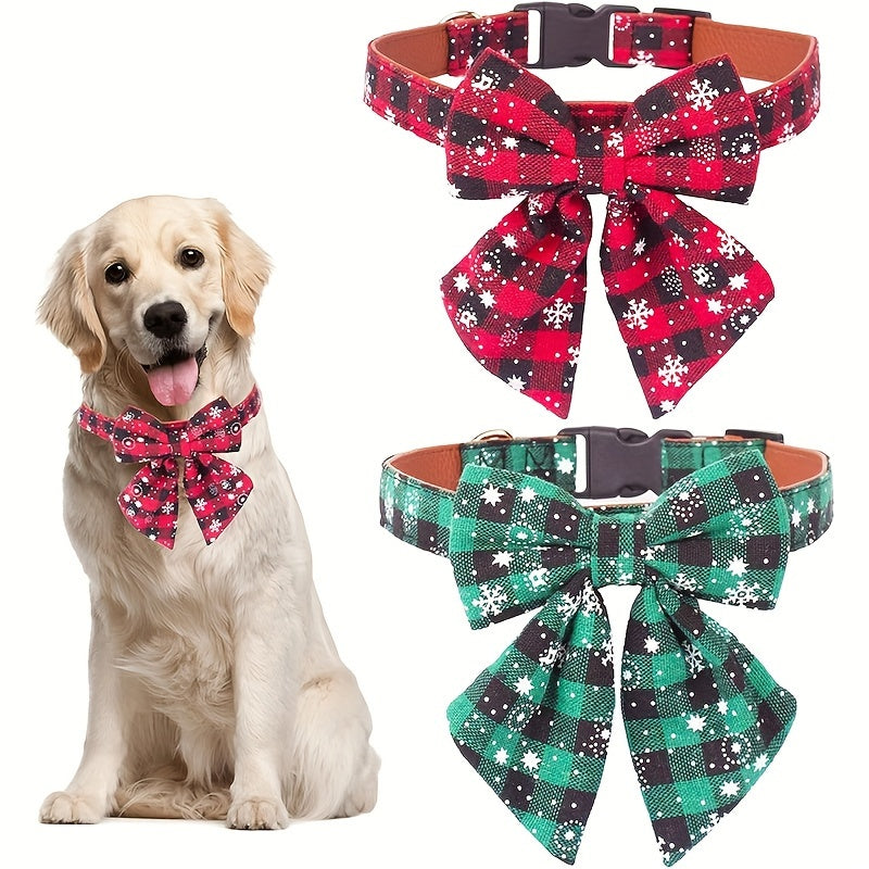 Christmas Dog Collar with Removable Bow Tie – Classic Plaid Red & Green Holiday Pet Collar for Small Medium Large Dogs, Festive Xmas Gift