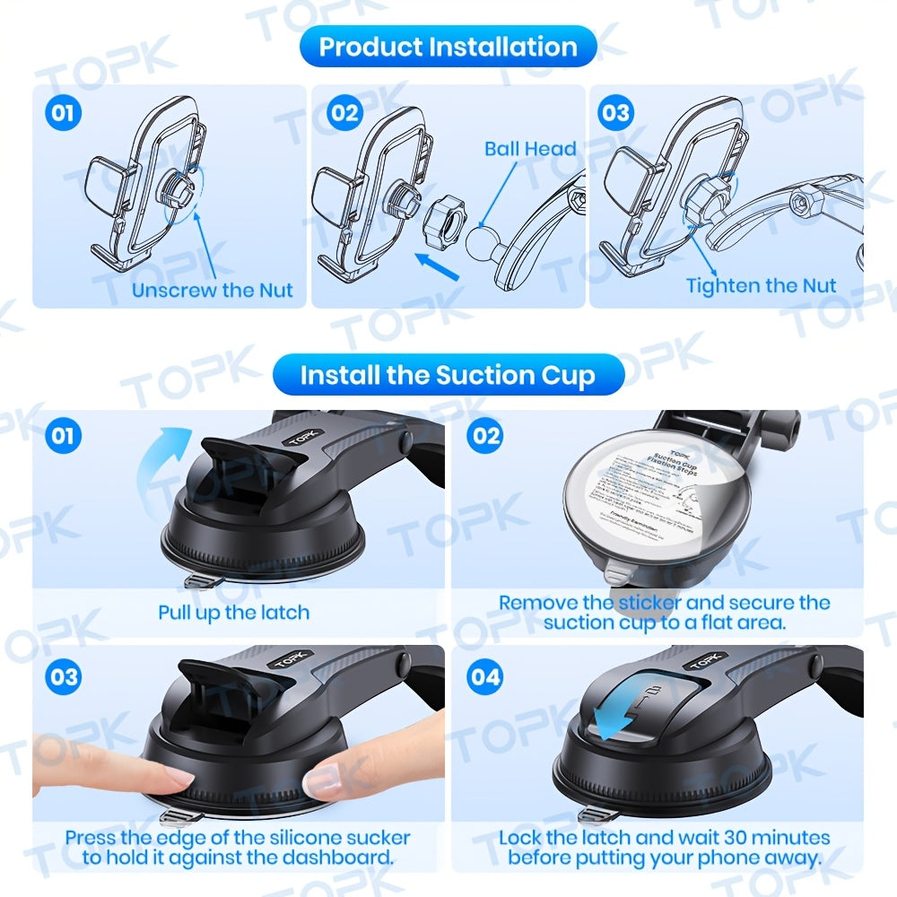 TOPK Upgraded Car Phone Holder Dashboard Mount Universal Hands-Free Cell Phone Car Mount for iPhone 17 16 15 Samsung Galaxy and All Android Smartphones Secure Dash Mount Black