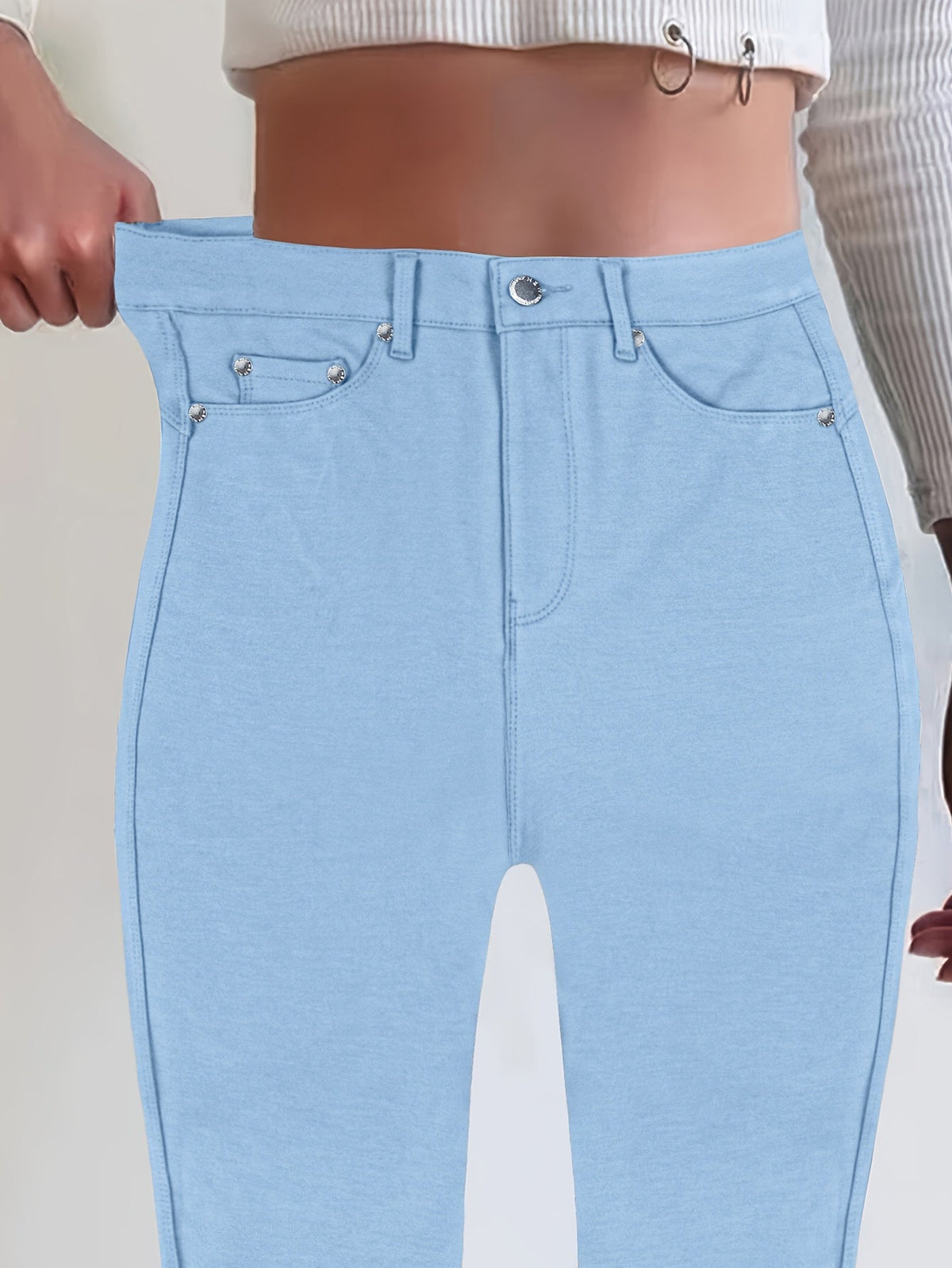 Women's High Waist Stretch Skinny Jeans Metal Button Detail Street Style Slim Fit Denim Pants 10 Colors S-XXL