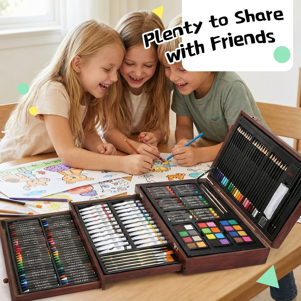 175-Piece Deluxe Art Set in Wooden Case – Professional Art Kit with 2 Drawing Pads, Crayons, Acrylic Paints & Colored Pencils, All-in-One Paint Supplies Gift for Kids & Adults, Cherry Pink Purple Blue Wood Brown