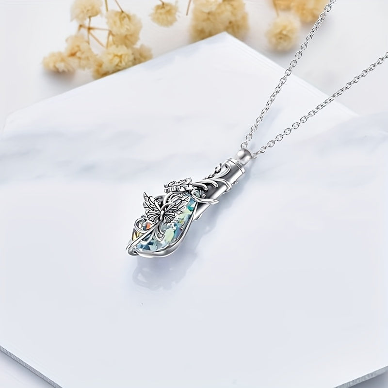 Butterfly Crystal Urn Necklace for Ashes - Teardrop Cremation Pendant Holder for Women, Animal Memorial Jewelry for Pet & Human Loss, Elegant Silver Keepsake Necklace (Silvery)