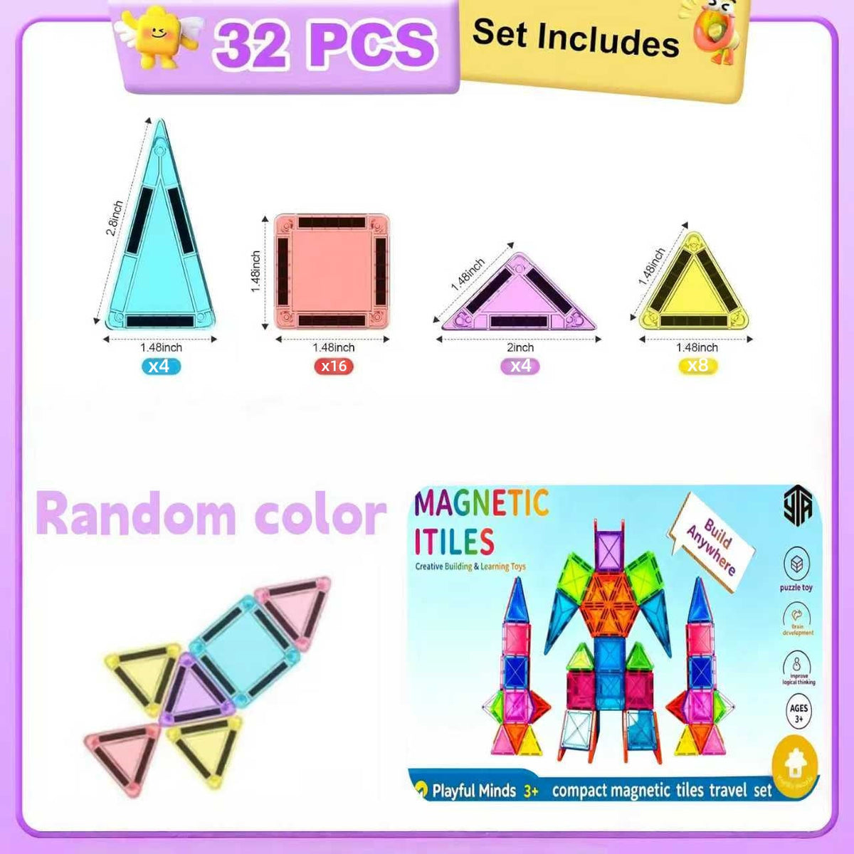 Mini Magnetic Tiles Travel Set with Tin Box for Kids - Portable Magnetic Building Blocks Toy for Boys and Girls Ages 3+, STEM Creative Construction Kit, 26 or 32 Piece Set, Birthday & Christmas Gift