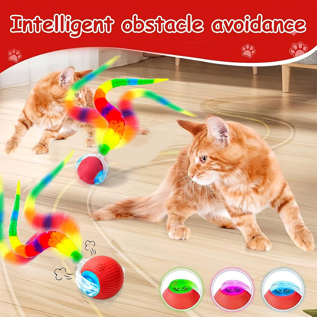 Automatic Rolling Cat Ball Toy USB Rechargeable Luminous Self-Entertaining Smart Cat Toy Bite-Resistant Plastic with Caterpillar Tail for Indoor Cats Kittens Second Gen Upgrade