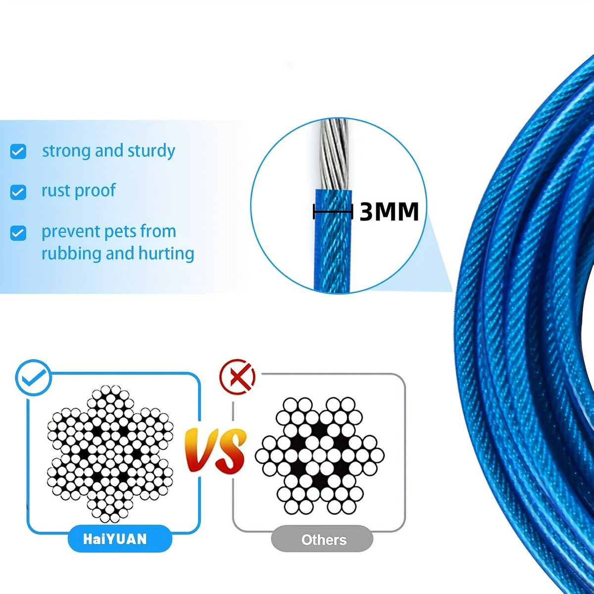 Dog Tie Out Cable for Yard – Heavy Duty Steel Wire Runner 10/15/20/30 FT with Durable Clips, Outside Dog Lead for Large Dogs Up to 165 lbs, Blue