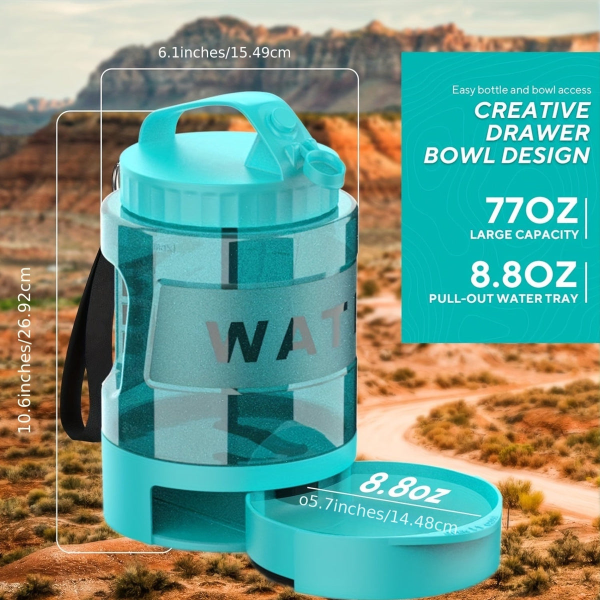 Dog Travel Water Bottle 77 oz with Retractable Bowl - 2-in-1 Portable 2.2L Large Capacity Leak-Proof Dispenser for Hiking, Camping, Beach & Car Trips, Wrist Strap & Carabiner Included, Lake Blue