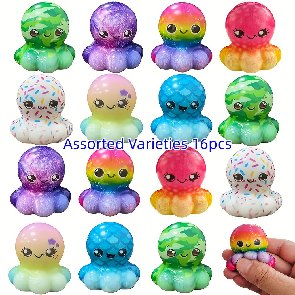 Octopus Squishy Toy 16 Piece Set Random Style Bulk Party Favors Gift Bag Fillers Classroom Rewards Halloween Christmas Valentine Easter Holiday Gift for Kids