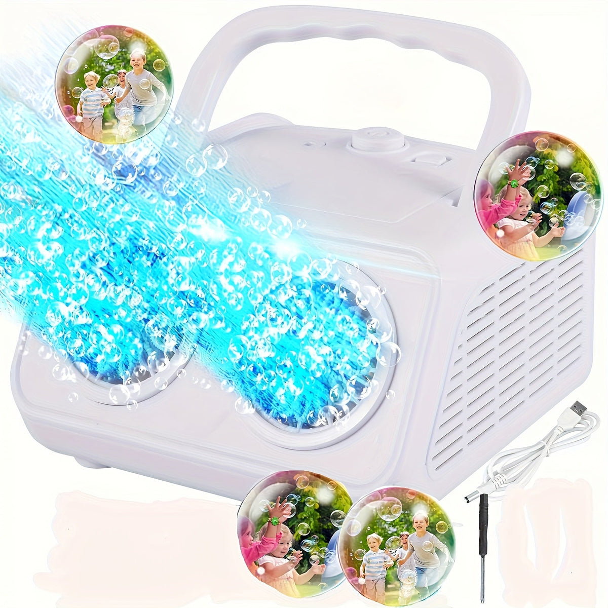 Automatic Bubble Machine 2 Fans 20000+ Bubbles Per Minute Electric Bubble Blower for Kids Toddlers Battery Operated Includes Bubble Solution Outdoor Toy Birthday Party Gift