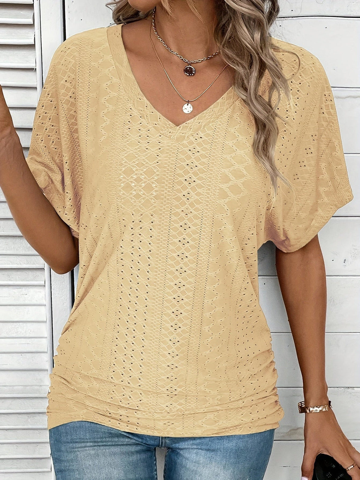Women's V-Neck Ruffle Short Sleeve Top Casual Summer Blouse Solid Color Micro Stretch Knit Dark Cyan Black Pink Yellow Purple Red Rose Red S-XXL