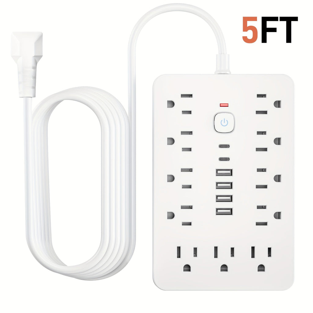 17-in-1 Power Strip Surge Protector with 11 AC Outlets 4 USB Ports 2 USB-C Ports Flat Plug Design Space-Saving Extension Cord for Home Office Desk Kitchen 5ft 10ft Cord
