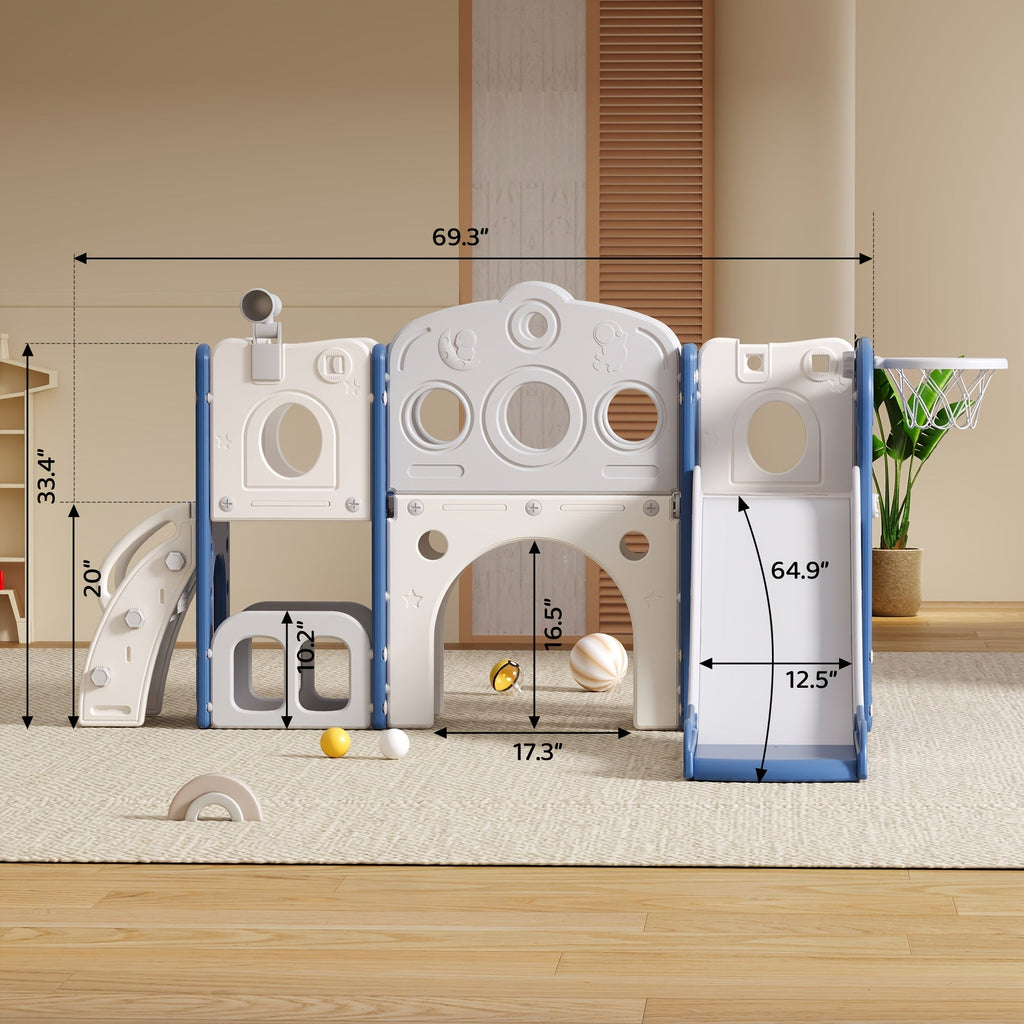 Toddler Kids Slide Outdoor Indoor Playset with Basketball Hoop and Telescope Backyard Playground Equipment for Baby Boys Girls Birthday Gift Grey White Orange Green
