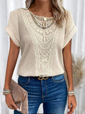 Women's Batwing Sleeve Lace Trim Pullover Blouse – Breathable Semi-Sheer Elegant Knit Top Relaxed H-Line Fit Machine Washable All-Season Casual Chic Shirt