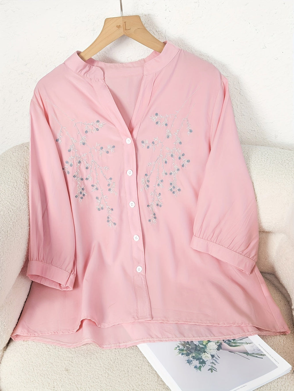 Women's Floral Embroidered Blouse Long Sleeve Button Down - White Elegant Stand Collar Casual Shirt, Delicate Flower Print Summer Top S-XXL