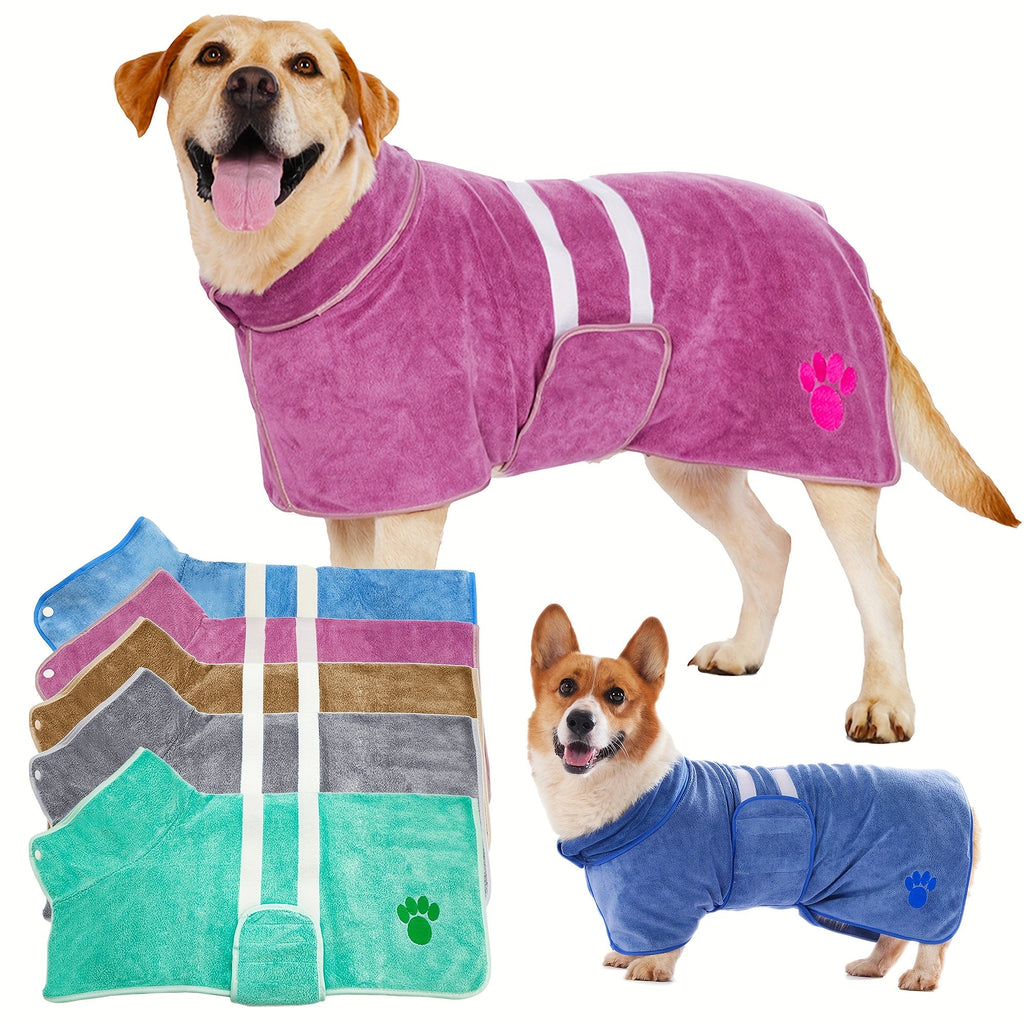 Quick-Drying Dog Bathrobe with Paw Print Embroidery – Super Absorbent Pet Towel Robe with Adjustable Belly Band, Ultra-Soft Microfiber, Sizes XS–3XL, 5 Colors for Dogs After Bath & Grooming