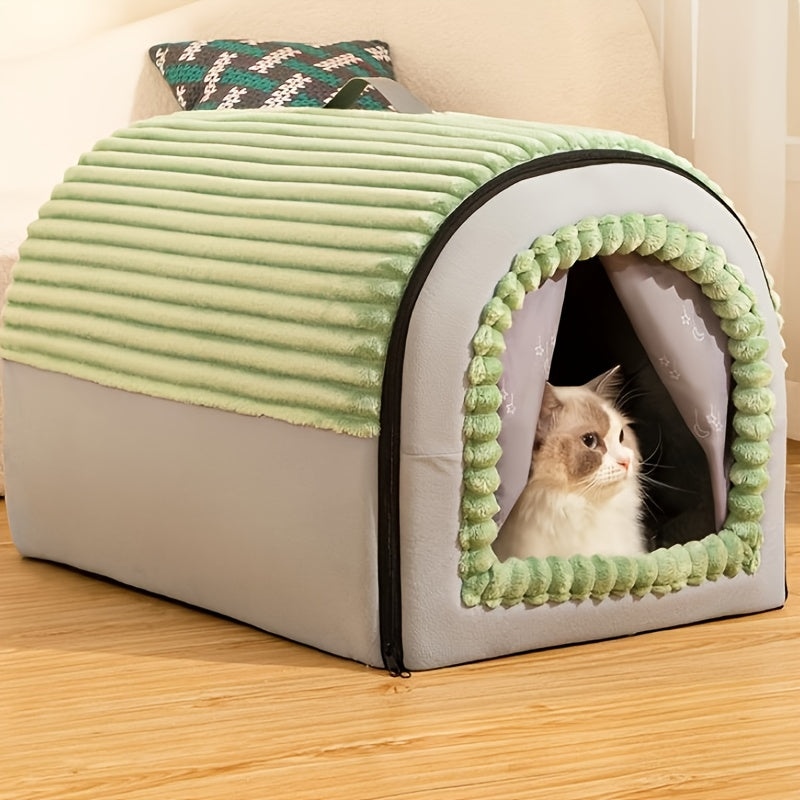 Enclosed Pet House Tent for Cats and Dogs - All-Season Warm Dog Bed with Removable Washable Plush Interior - Indoor Cat Sleeping Nest M L XL Sizes - Cozy Safe Pet Shelter Green Coffee