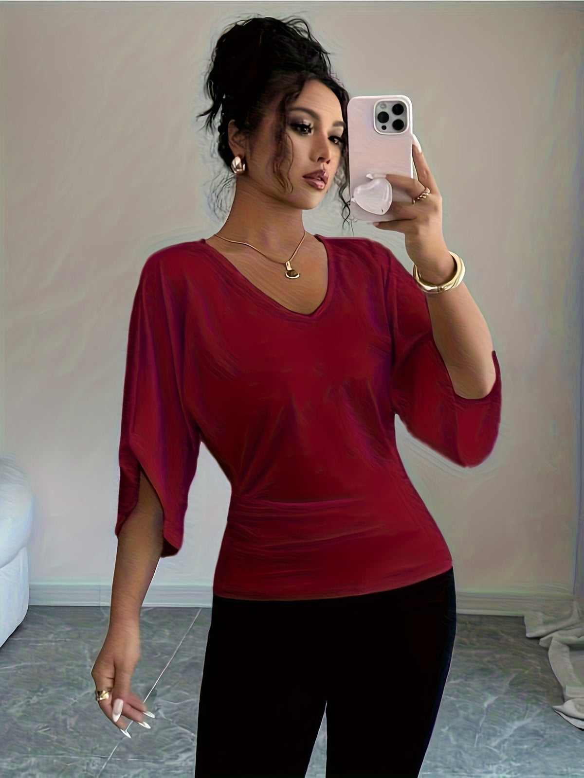 Women's V-Neck Batwing Sleeve Knit Top - Casual Loose Fit Three Quarter Sleeve High Waist T-Shirt Blouse for Spring Summer Fall, Versatile Mid-Length Pullover Top, White Black, Sizes XS-XL