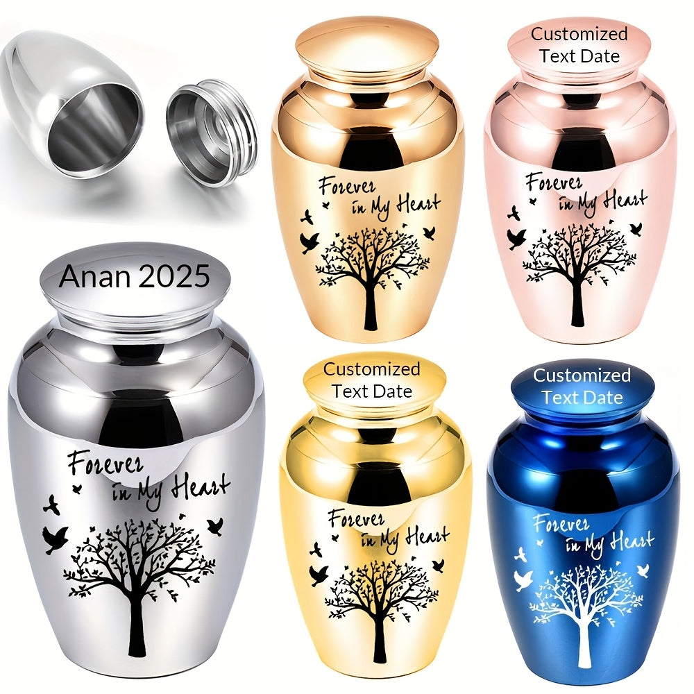 Customizable Mini Cremation Urn for Human and Pet Ashes - Tree of Life Aluminum Alloy Small Keepsake Urn, Personalized Memorial Ashes Container Forever in My Heart, Multiple Lid Colors