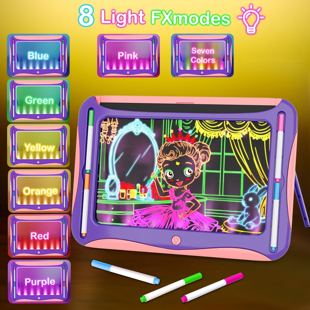 LED Light-Up Drawing Doodle Board for Kids Ages 3-8 – Glow Writing Art Set with 9 Double-Sided Cards & 6 Markers, Educational Learning Travel Toy, Birthday & Christmas Gift for Girls Boys