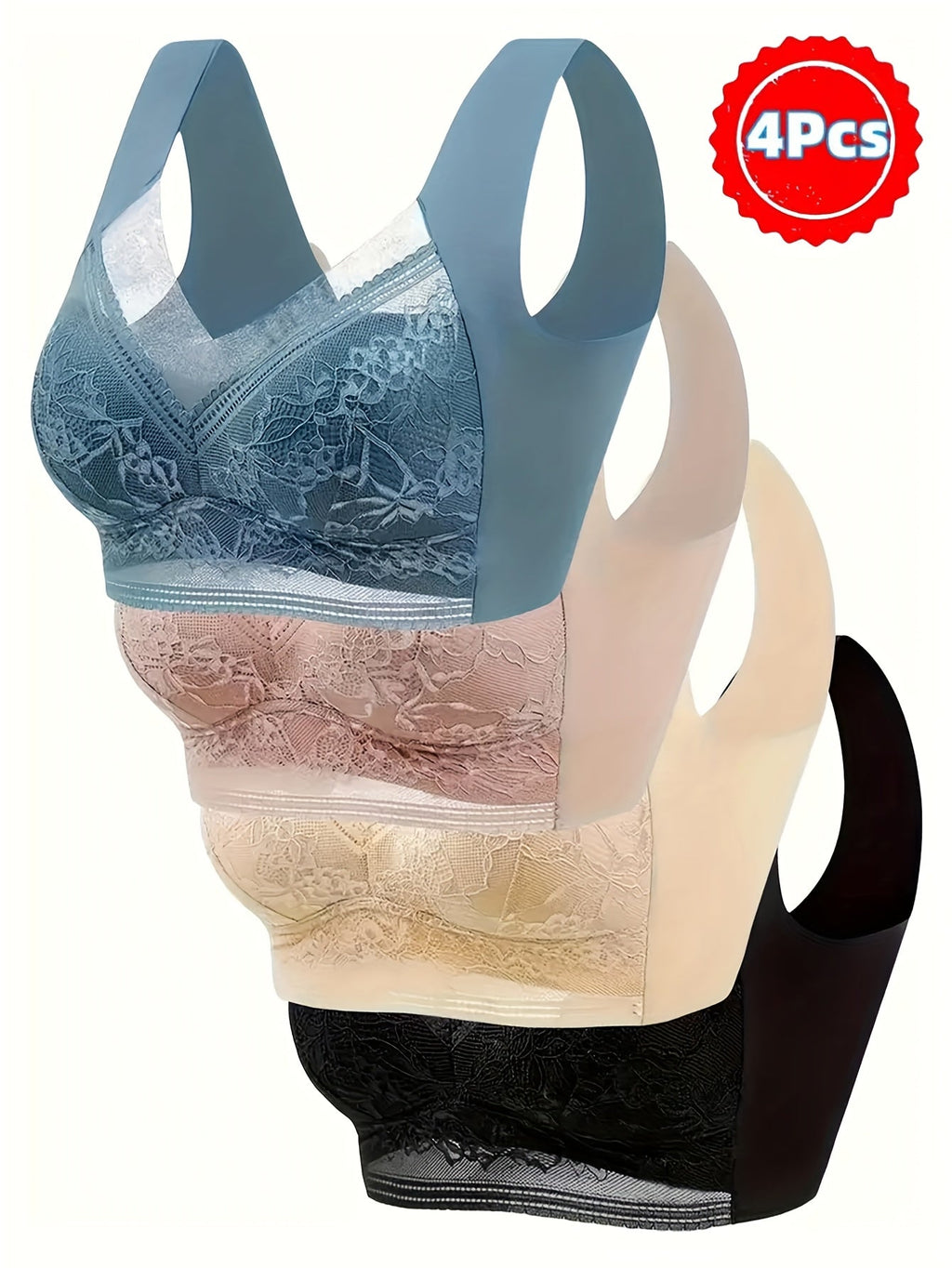 4 Pack Lace Ice Silk Bra Vest for Women – Traceless Gathered Support, Breathable Thin Style with Beautiful Back Design, Sizes S-XXL, 2 Multicolor Sets