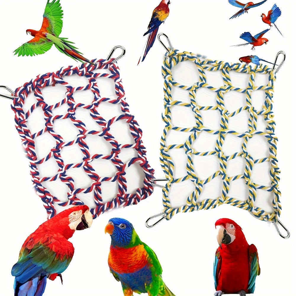 Parrot Climbing Net for Bird Cage - Colorful Cotton Rope Ladder Hammock Toy for Parrots Cockatiels Conures Budgies Small Birds & Hamsters - Chew Swing Hanging Activity Play Perch Accessory