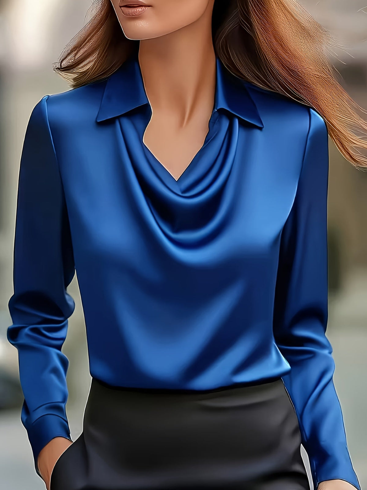 Women's Solid Swing Neck Shirt Loose Stand Up Collar Top Champagne Pink Rouge Blue Burgundy Sizes S M L XL XXL Casual Blouse