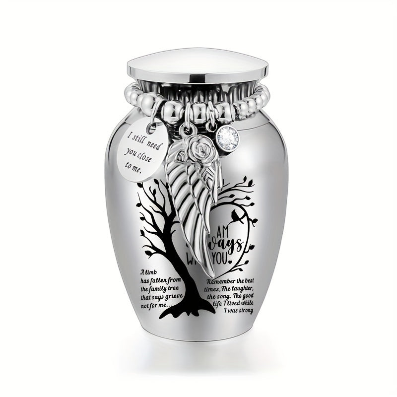 Mini Keepsake Cremation Urn with Wing Charm – 2.56 Inch Aluminum Alloy Memorial Ash Holder with I Am Always with You Engraving, Small Human Ashes Urn for Remembrance & Sympathy Gift, Silver
