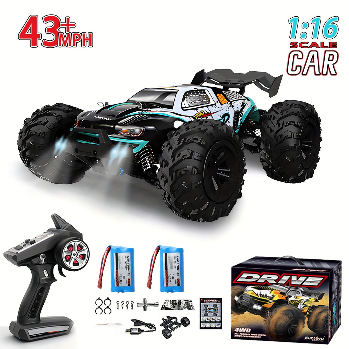 16101Pro RC Car 1/16 Scale 4WD Brushless Motor 70KM/H Off-Road Drift Racing Truck with 2.4GHz Remote Control, 4x4 All-Terrain Racing Vehicle – High Speed RC Truck with 2 Batteries Included