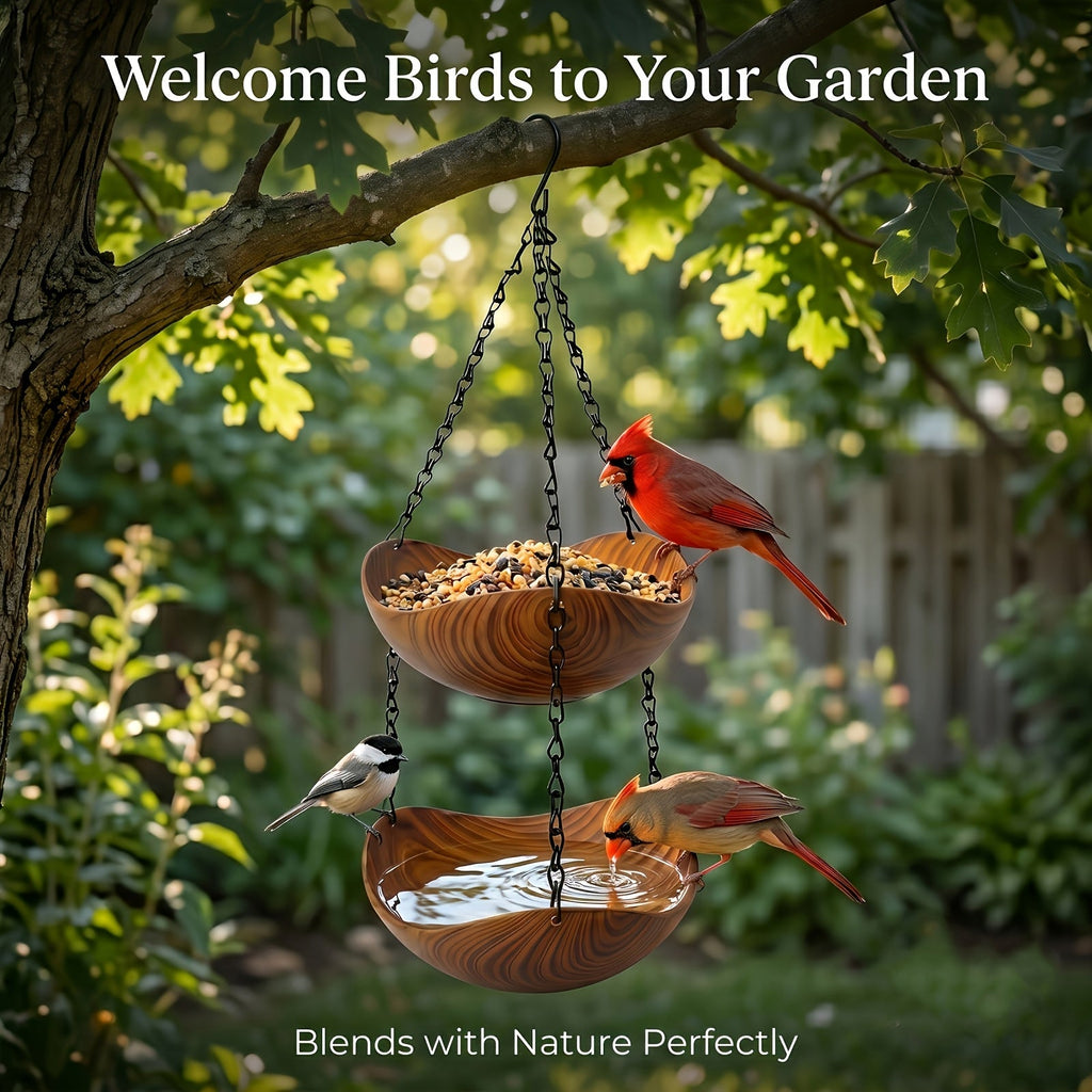 Hanging Bird Feeder and Water Bath 2 Pack - Bowl-Shaped 1-Tier Feeder with Wood Grain Appearance, Thickened Metal Chain & Stable Hook, Spacious Outdoor Garden Bird Feeder for Wild Birds