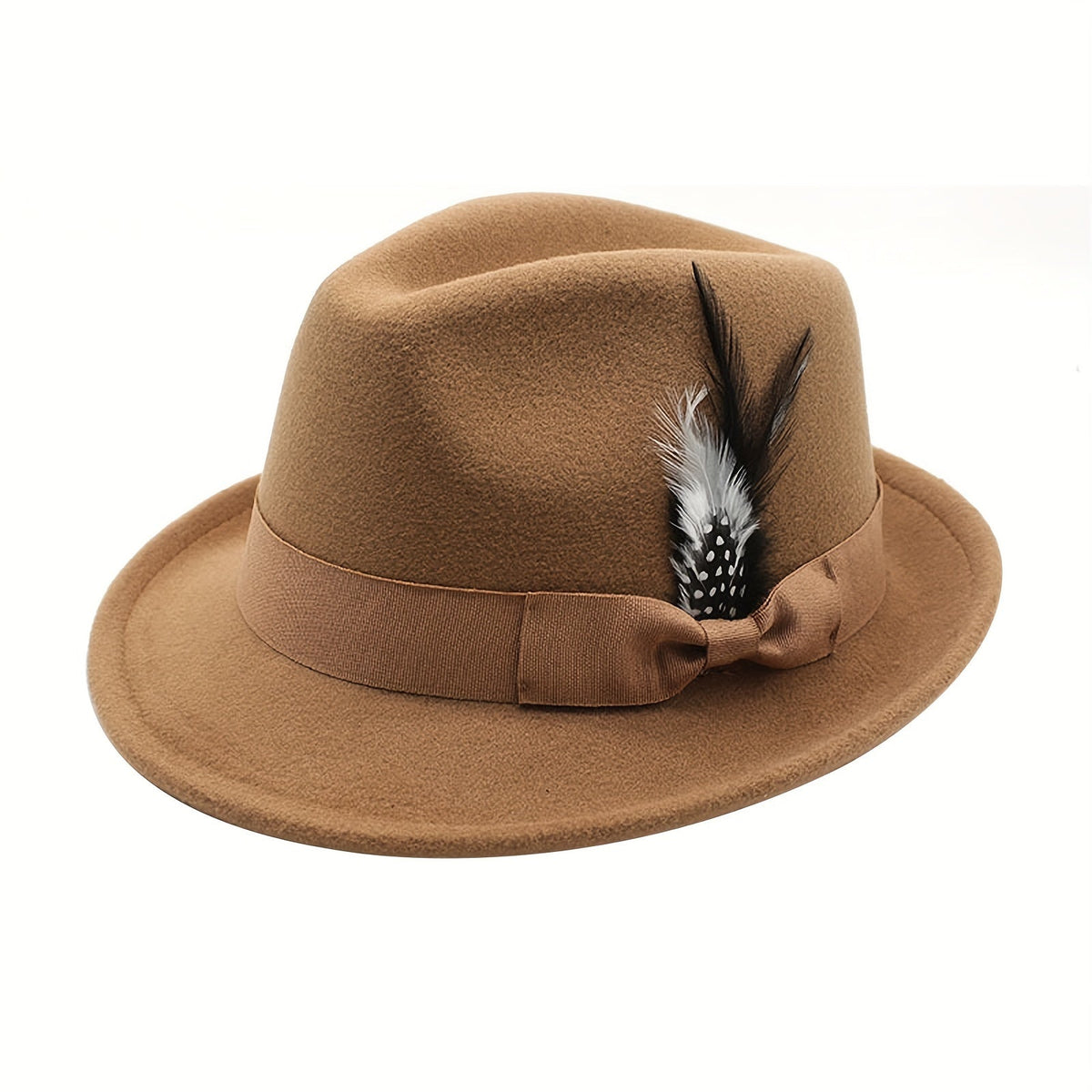 Short Brim Felt Fedora Hat for Men & Women – Classic Feather Panama Dress Hat in 7 Colors, Black Brown Navy Red Gray Coffee, Unisex Jazz Cap for Formal Casual Daily Wear