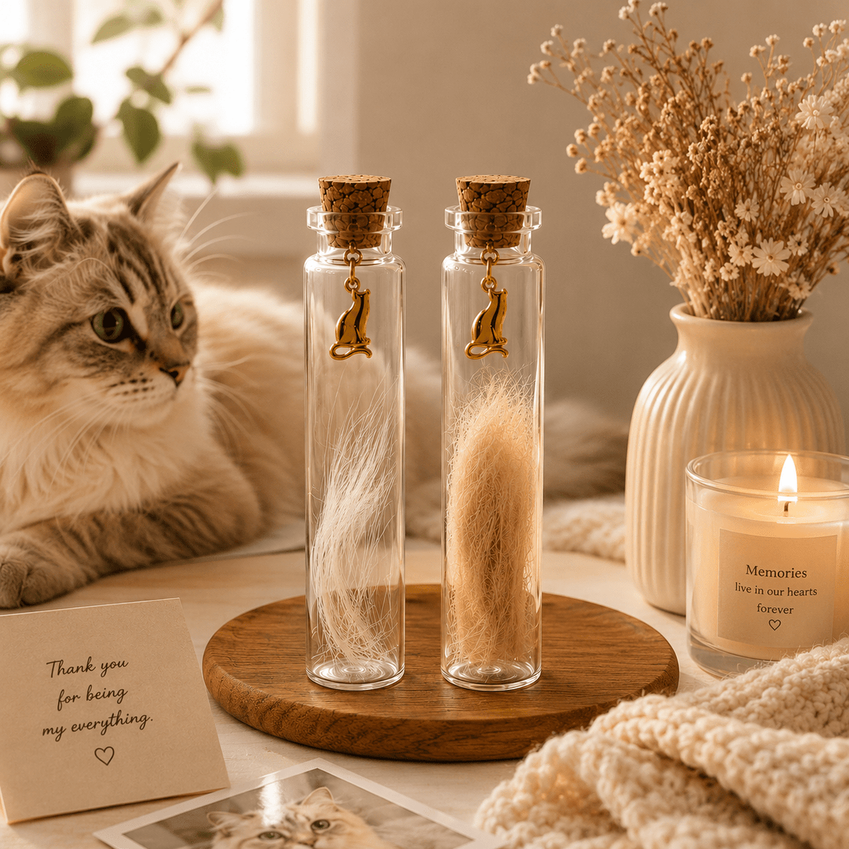 Pet Hair Keepsake Jar Set 2pcs – Glass Memory Bottles with Golden Cat Charm for Pet Fur, Whiskers & Handwritten Notes, Cat & Dog Memorial Gift for Pet Lovers