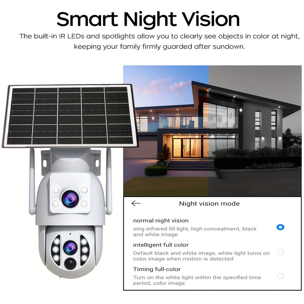 Solar Security Camera Outdoor 360 Degree PTZ 1296P HD Dual Lens Color Night Vision Two-Way Audio Motion Detection WiFi SD Storage Rechargeable Battery Wall Mount