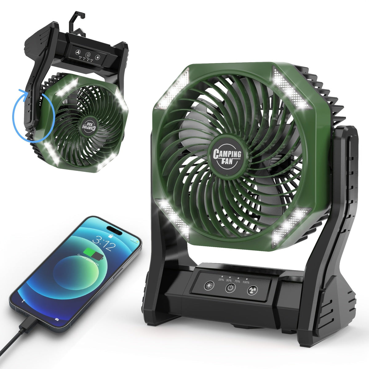 20000mAh Camping Fan with LED Light – 4 Wind Speeds, Brushless Motor, 180° Oscillation, 22-26H Battery Life, 3-in-1 Portable Outdoor Desk Fan for Camping, Hiking, Picnic & Emergency Use – 6 Colors