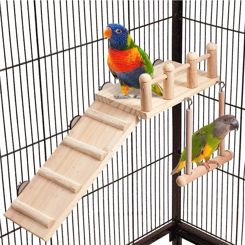 Wood Bird Perch Swing with Climbing Ladder - Multi-Level Radiata Pine Cage Gym Platform for Parrots Lovebirds Cockatiels Chinchillas Hamsters - Bird Play Stand Ladder Swing Cage Accessory