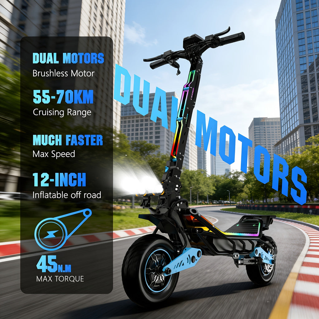 60V 3000W Dual Motor Off-Road Electric Scooter – 12-Inch Fat Tires, Front & Rear Suspension, Dual Hydraulic Brakes, Foldable Design with Bluetooth Music Player for Adults