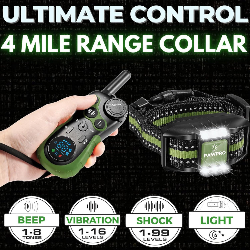 Dog Training Collar with Remote 4-Mile Range – 124 Adjustable Levels 4 Modes Beep Vibration Shock Night-Light Rechargeable E-Collar for Dogs 5–135 lbs with Training Guide