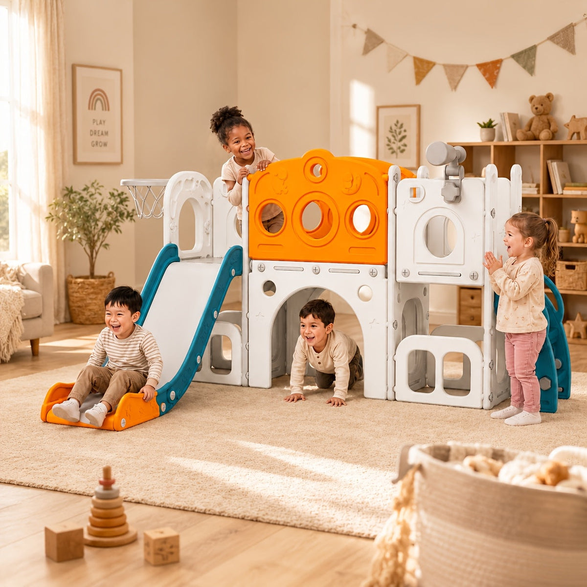 Toddler Kids Slide Outdoor Indoor Playset with Basketball Hoop and Telescope Backyard Playground Equipment for Baby Boys Girls Birthday Gift Grey White Orange Green
