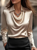 Women's Solid Swing Neck Shirt Loose Stand Up Collar Top Champagne Pink Rouge Blue Burgundy Sizes S M L XL XXL Casual Blouse